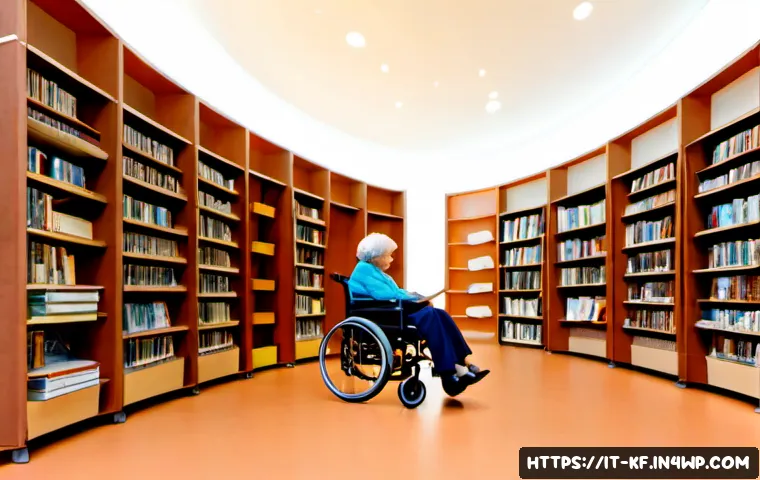 Home 10 감각 디자인과 접근성의 관계 - Photorealistic accessible public library in Italy, an elderly woman and a young wheelchair user comf...